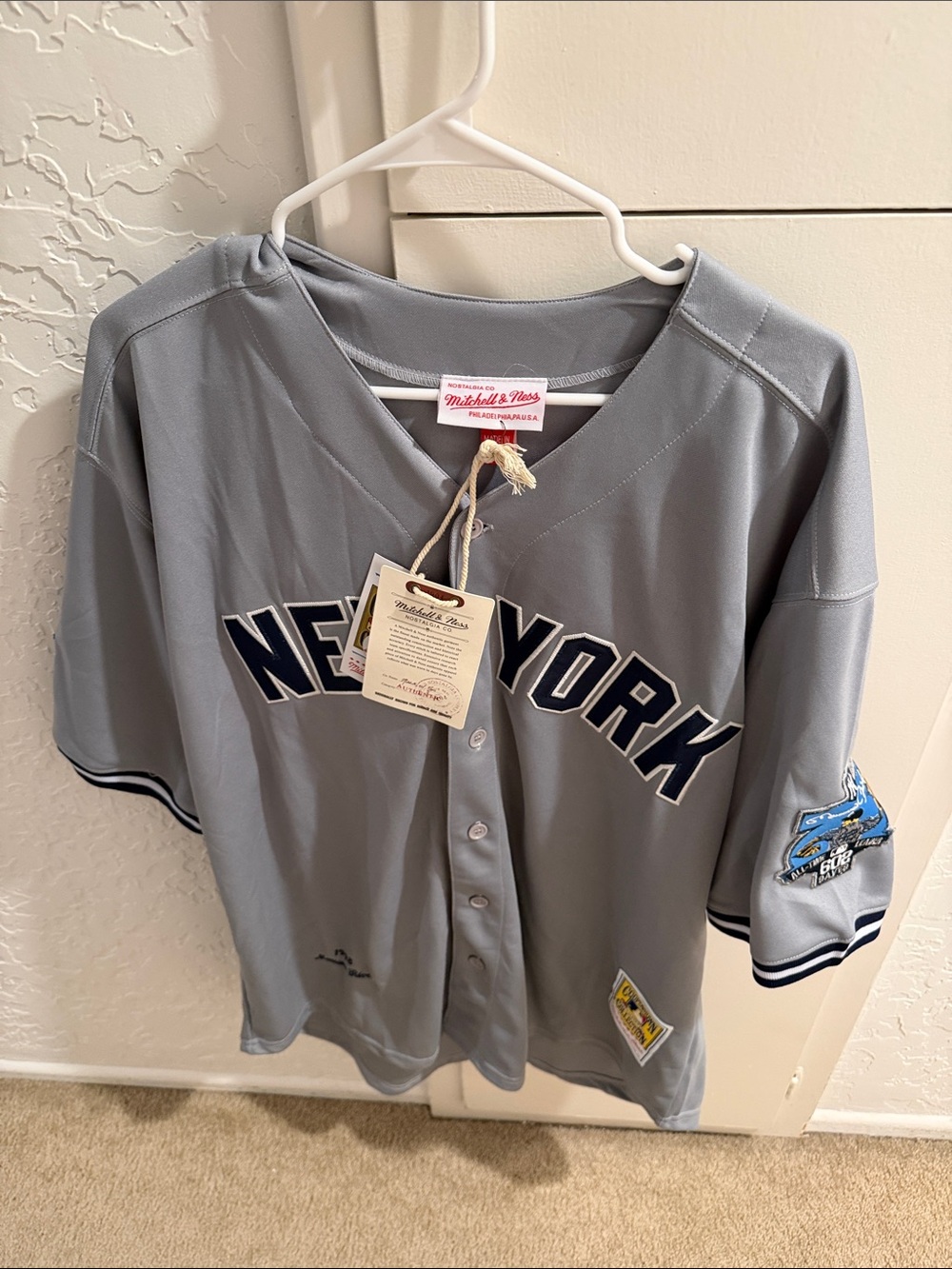 Mitchell & Ness Gray New York Baseball Jersey with Navy Lettering